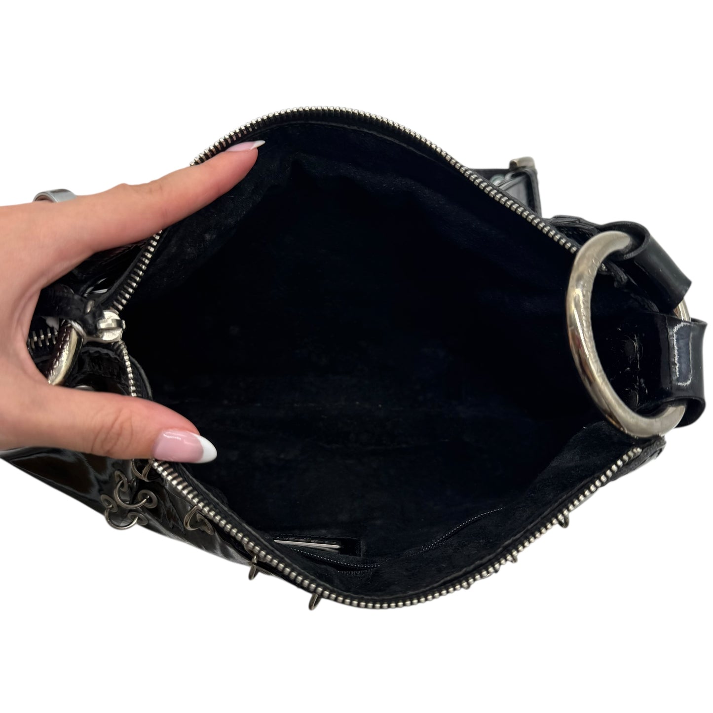 Dolce & Gabbana Black Patent Leather Pierced & Studded Shoulder Bag - Outfit Repeater