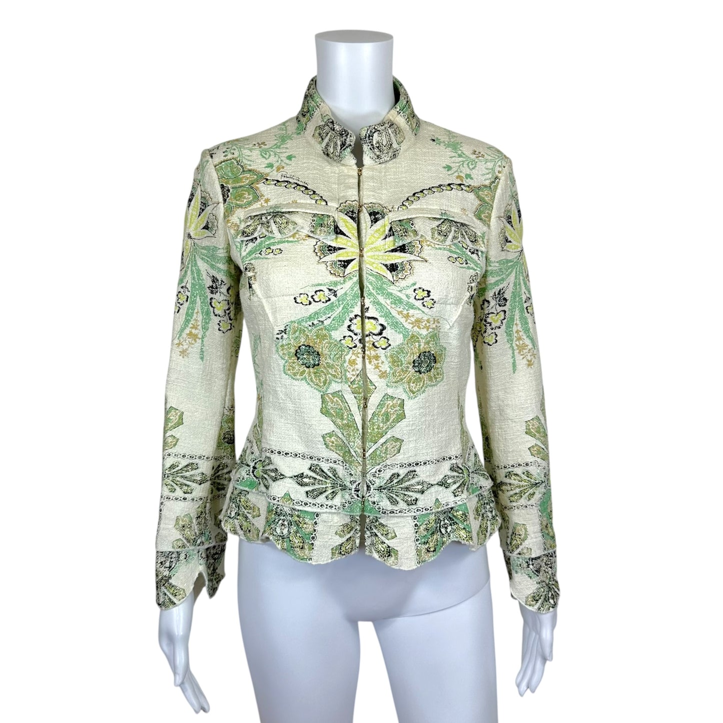 Roberto Cavalli 2007 White & Green Metallic Floral Print Bustier Jacket