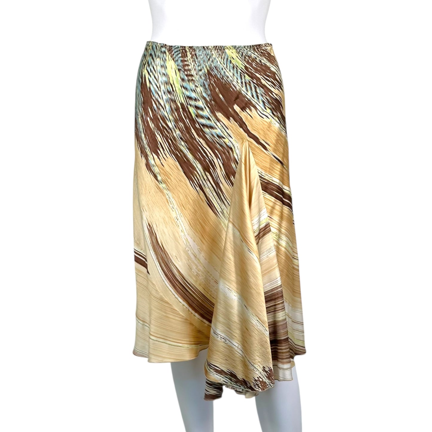 Roberto Cavalli S/S 2003 Silk Feather Print Asymmetrical Midi Skirt