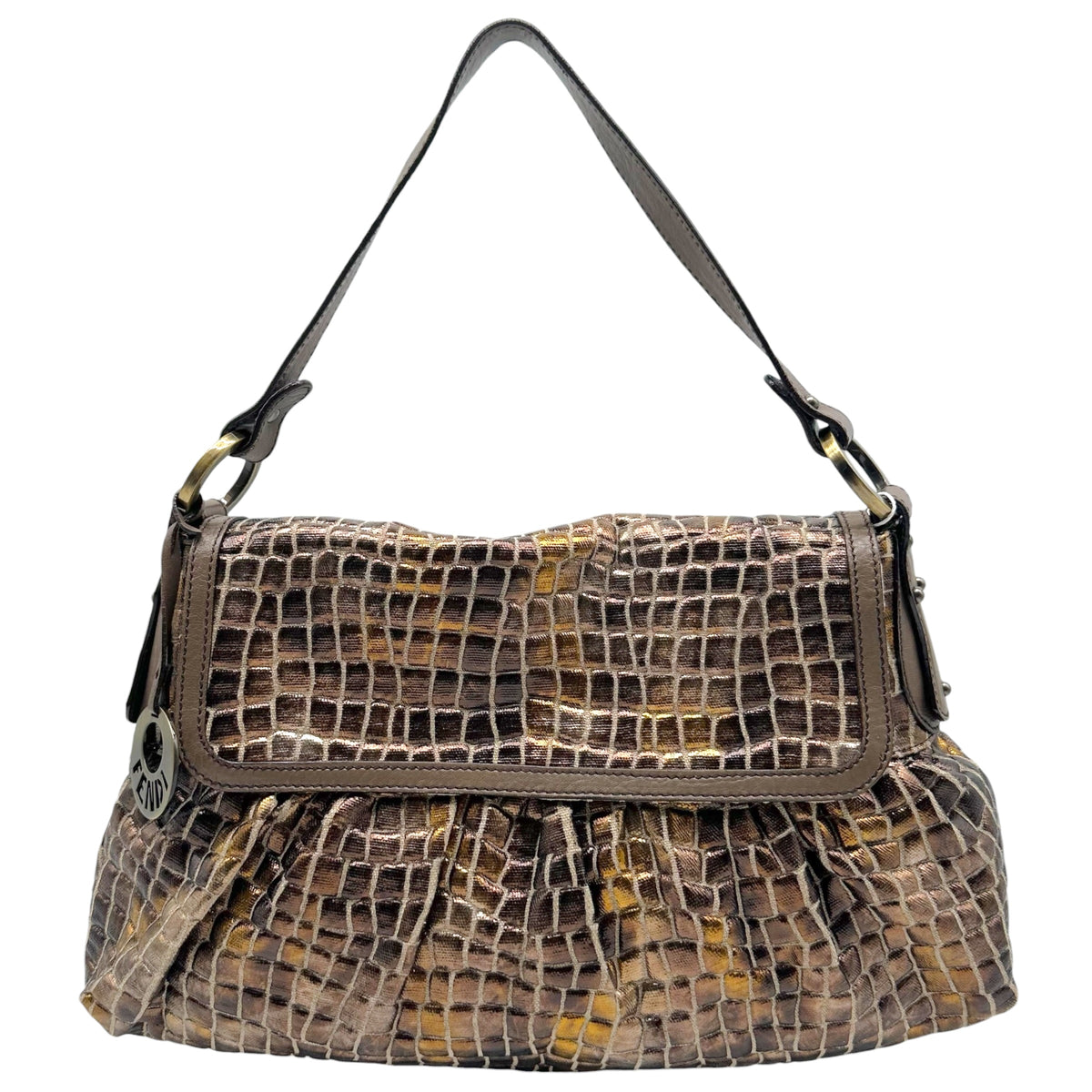 Fendi Brown Metallic 'Croc' Canvas Embossed Medium Chef Bag