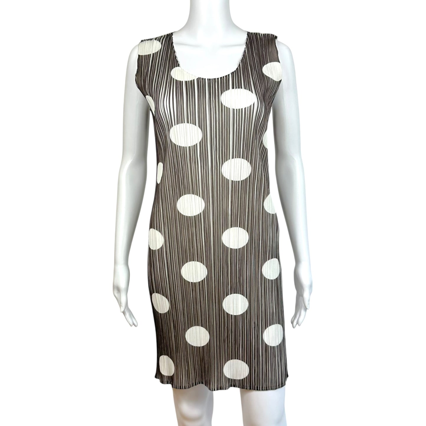 Issey Miyake Pleats Please Brown & White Polka Dot Print Pleated Mini Dress