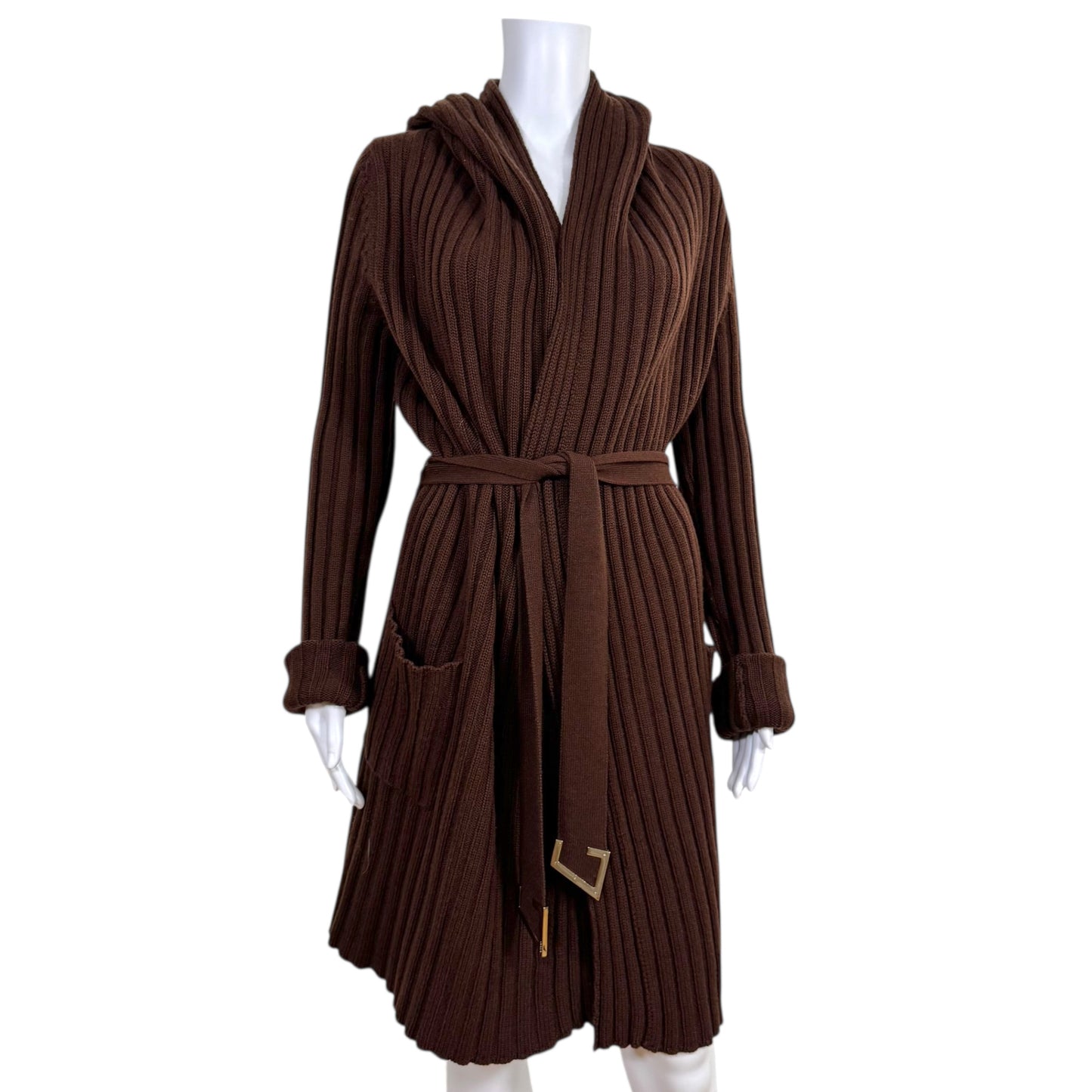 Gucci Brown Cashmere Knit Longline Hooded Wrap Cardigan - Outfit Repeater