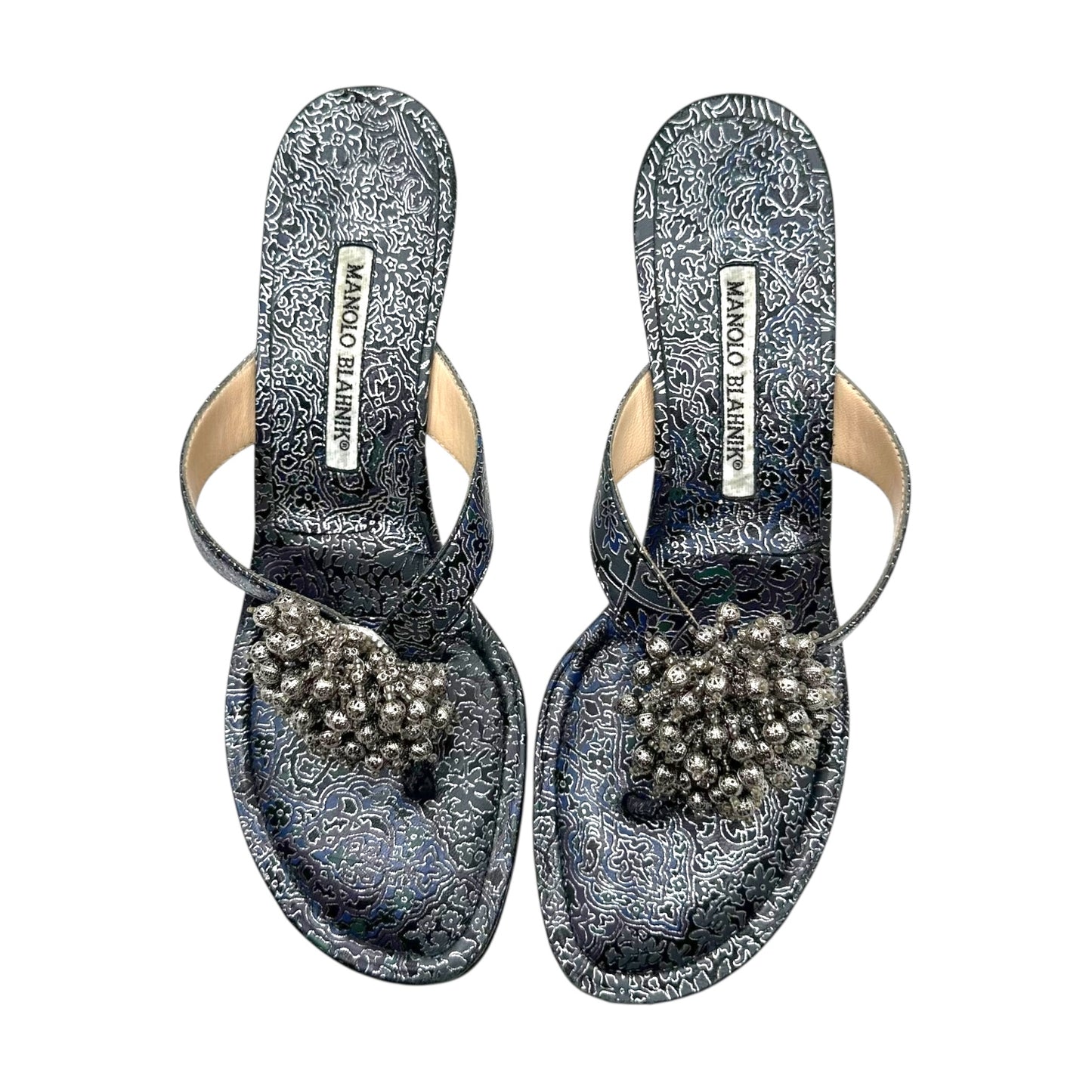 Manolo Blahnik Silver Beaded Kitten Heel Flip Flops