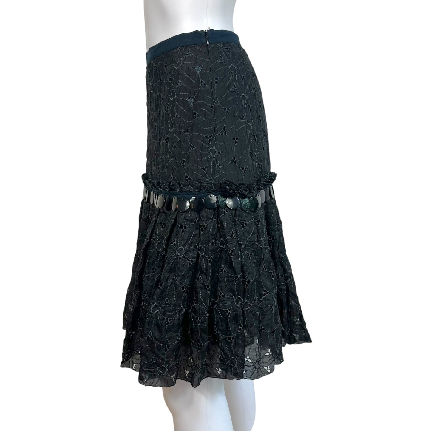 Blumarine Black Silk Beaded Floral Midi Skirt