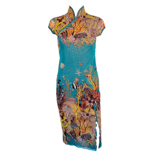 Jean Paul Gaultier Turquoise Fish Print Mesh Chinosoire Midi Dress