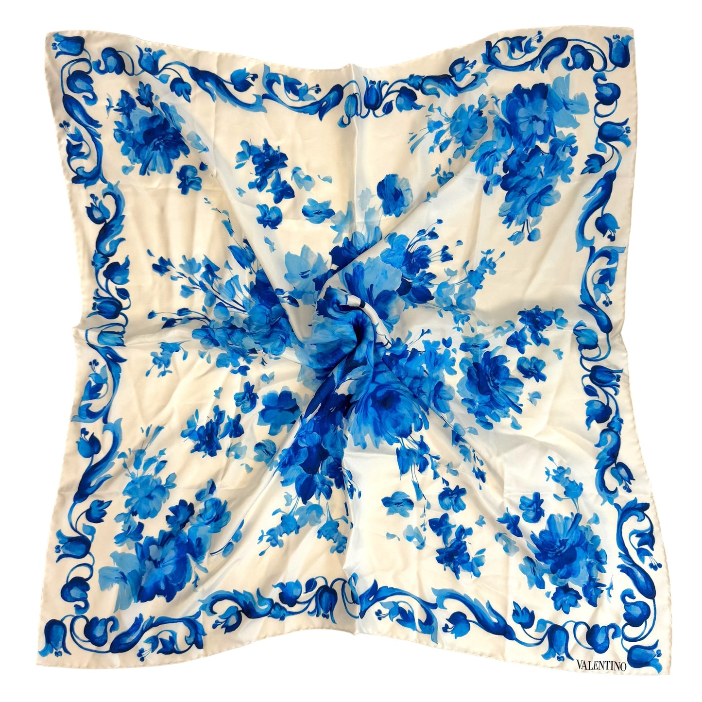 Valentino Blue & White Floral Print Silk Square Scarf