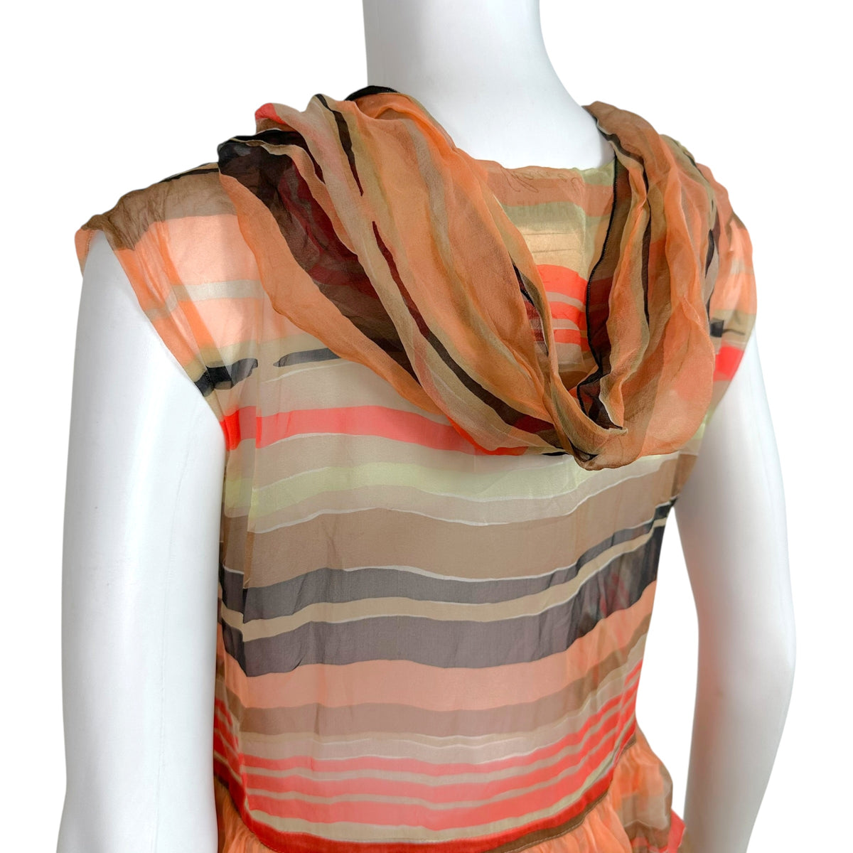 Chanel Spring 2001 Coral Striped Tiered Silk Hooded Mid-Length Vest Top
