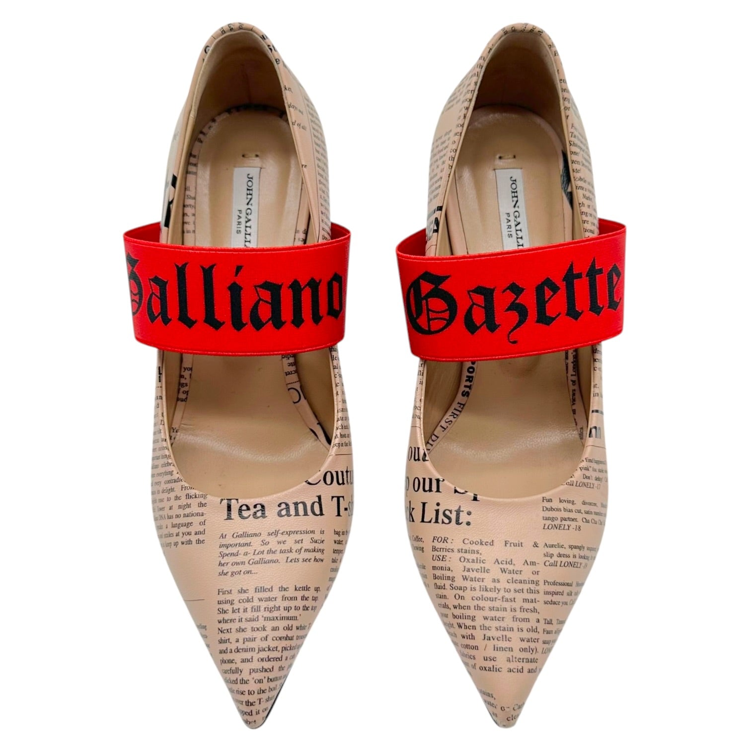 John Galliano Pointed Toe Heels Nude Newsprint Red Straps