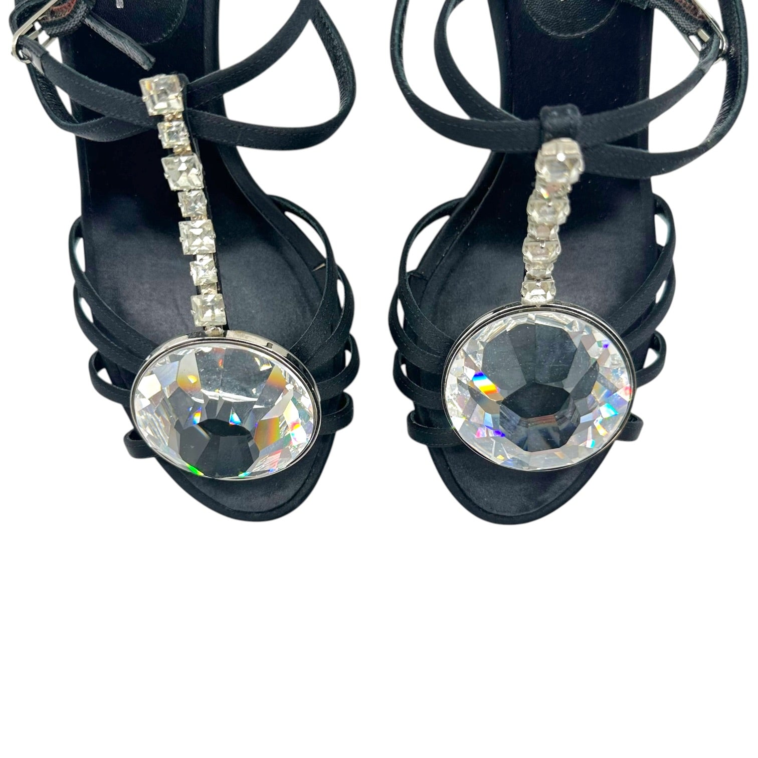 Chanel Black Silk Strappy Heels With Crystal Embellishments
