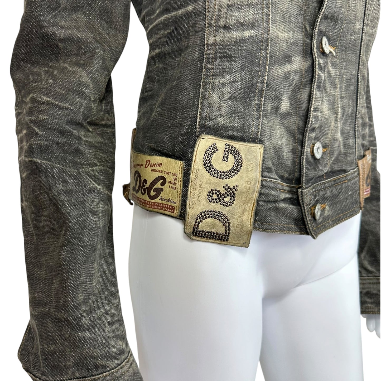 D&G Dolce & Gabbana Gray Denim Multi-Logo Patch Jacket