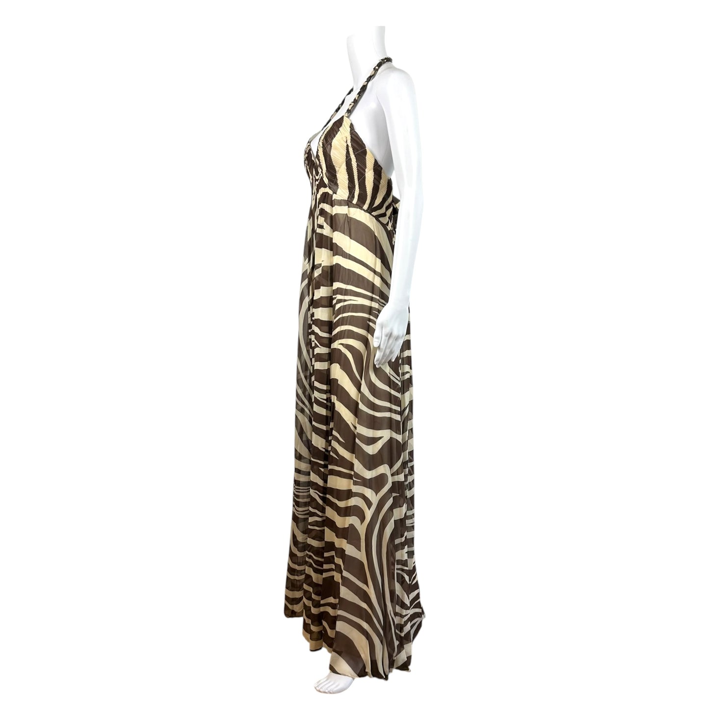 BCBGMaxAzria Brown & Ivory Zebra Print Silk Halter Maxi Dress