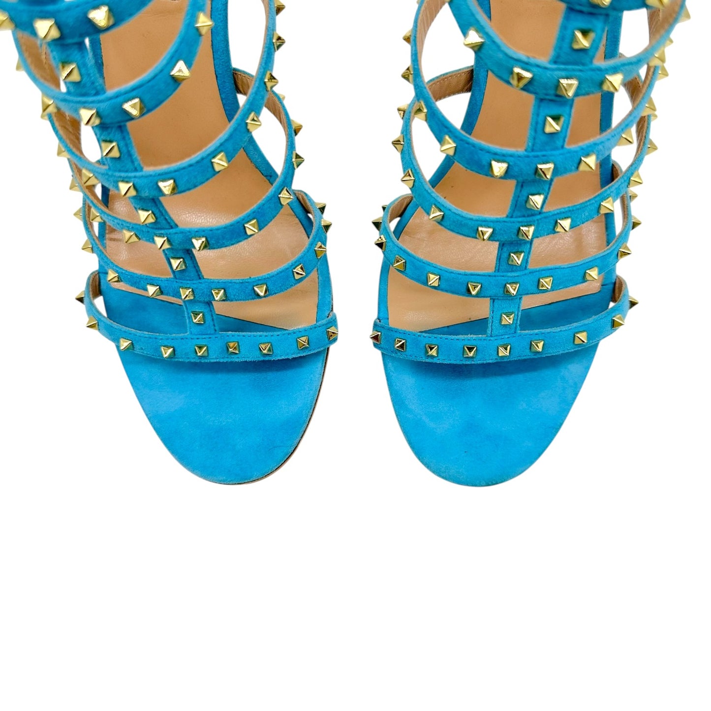 Valentino Turquoise Suede & Gold Rockstud Gladiator Heels