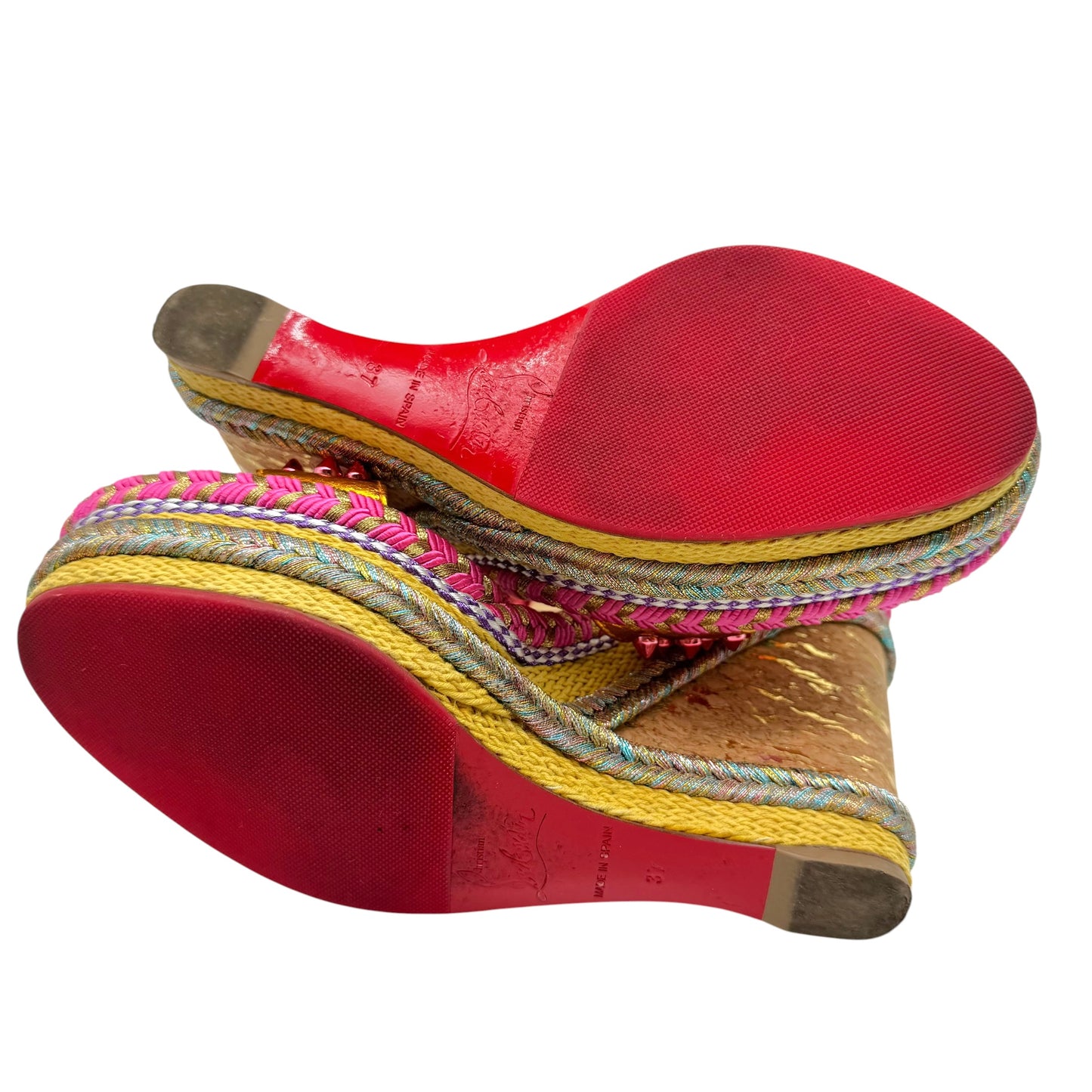 Christian Louboutin Cork Wedge Sandals Pink Gold Spike