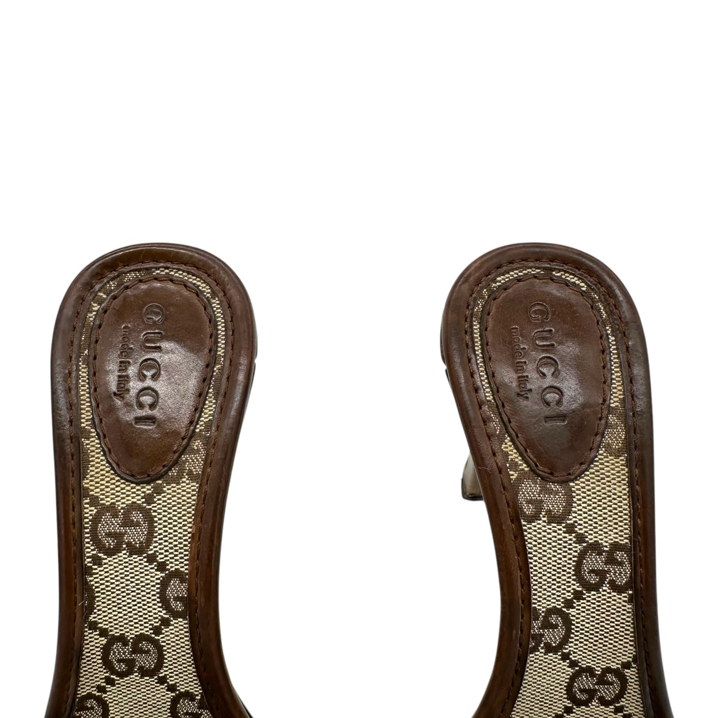 Gucci Tan Monogram Heeled Mule Sandals - Outfit Repeater