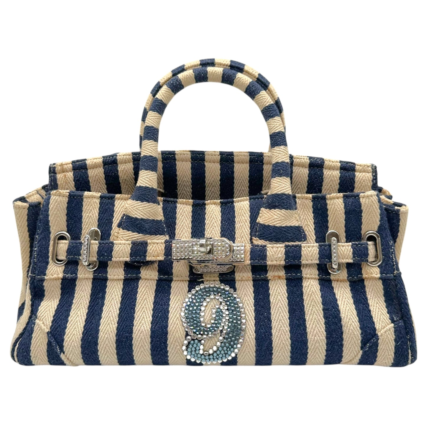 Tsuru Navy Ivory Striped Rhinestone Firkin Bag