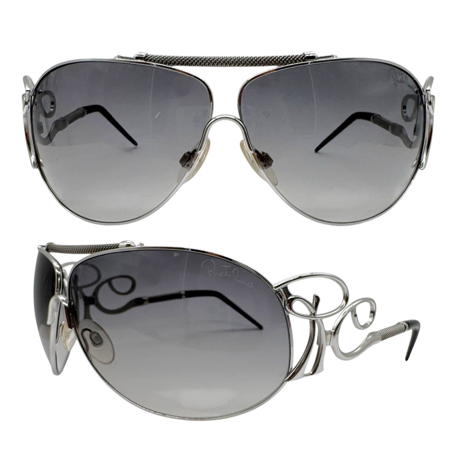 Roberto Cavalli Silver Logo Arm Oversized Aviator Sunglasses w/ Case