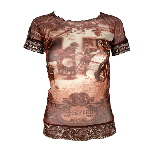 Jean Paul Gaultier Burgundy Old English Print Mesh T-Shirt