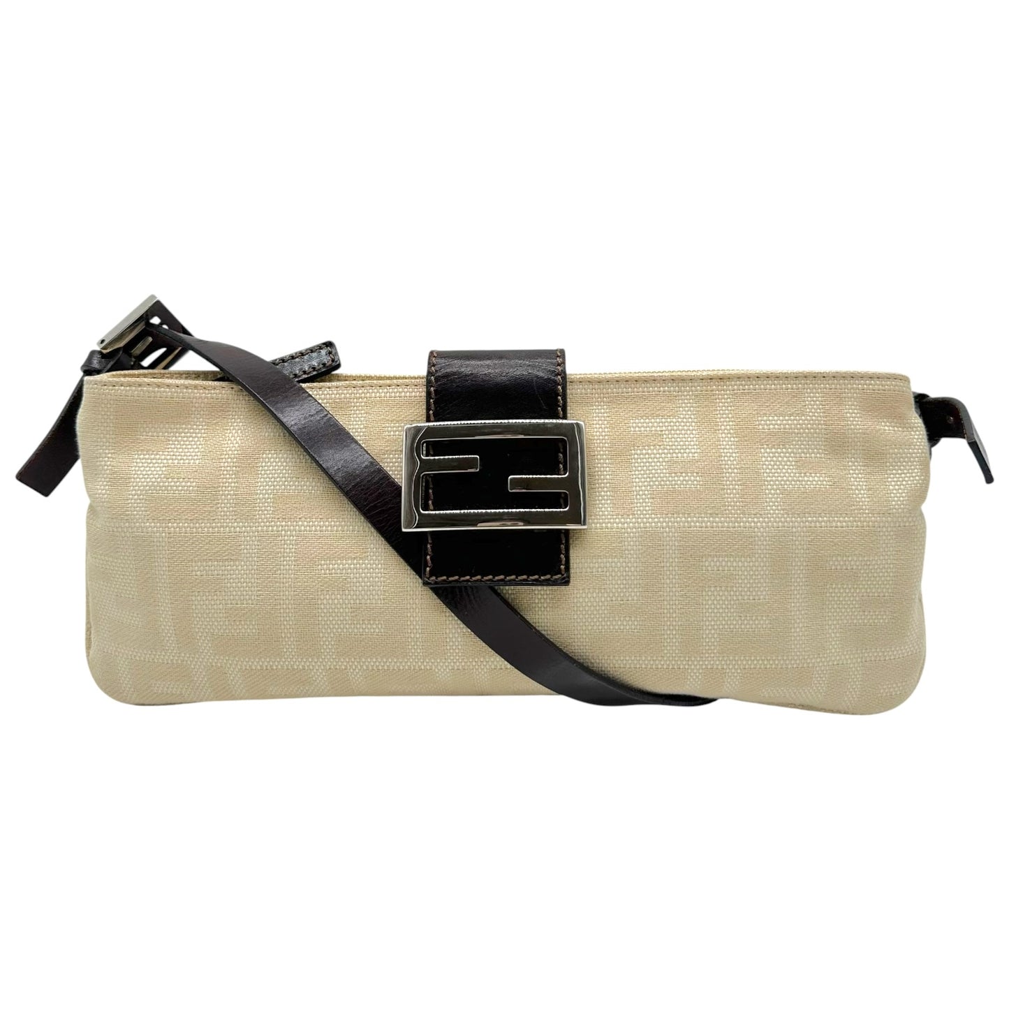 Fendi Ivory Zucca Monogram & Brown Leather Crossbody Baguette Bag