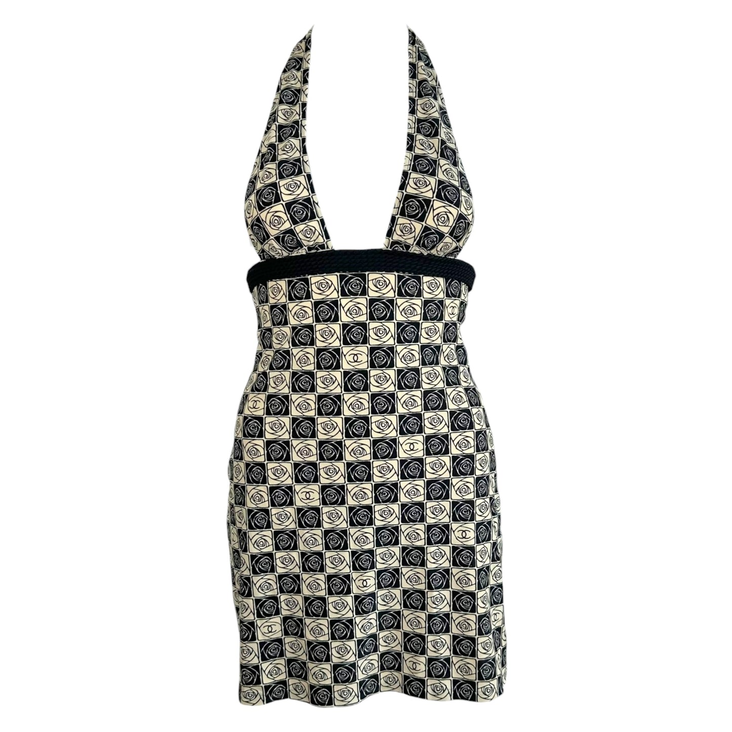 Chanel Halter Mini Dress Black Beige Camellia Print