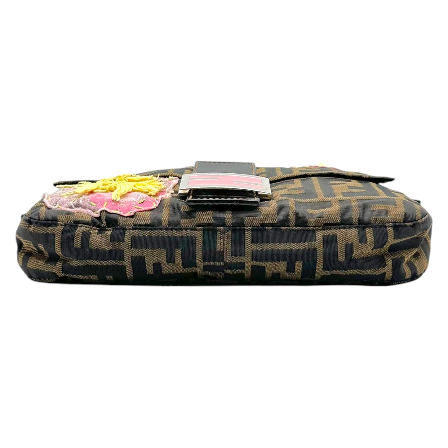 Fendi Baguette Bag Brown Monogram Pink Floral Applique
