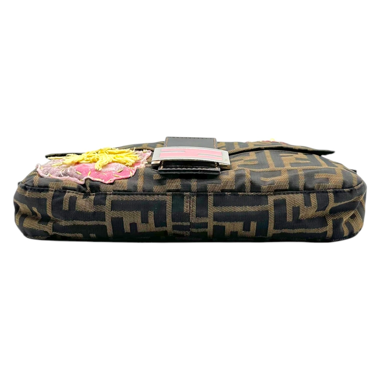 Fendi Baguette Bag Brown Monogram Pink Floral Applique