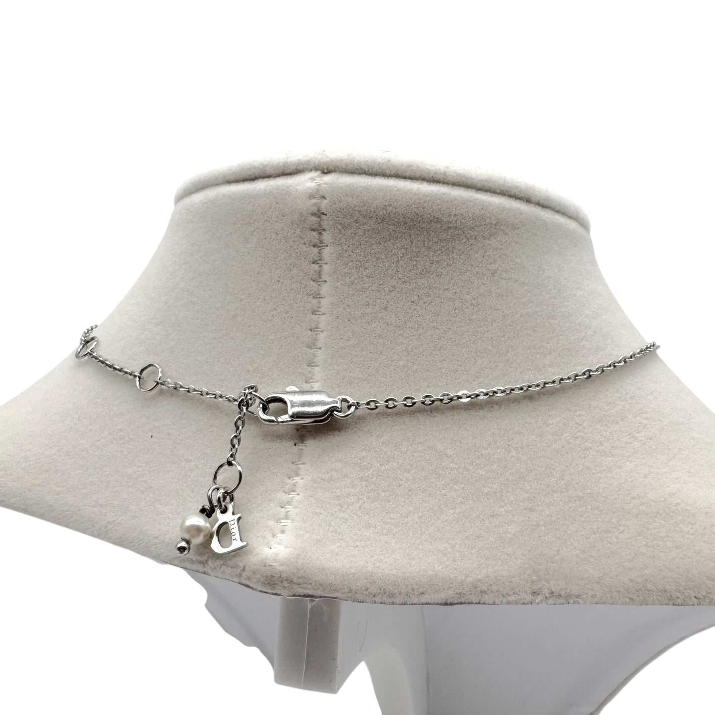 Christian Dior Silver Logo & Pearl Charm Necklace