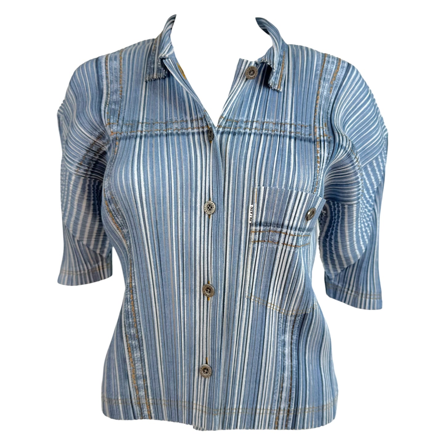 Issey Miyake Pleats Please Light Wash Denim Printed Shirt Sleeve Button Up Blouse Sz 4