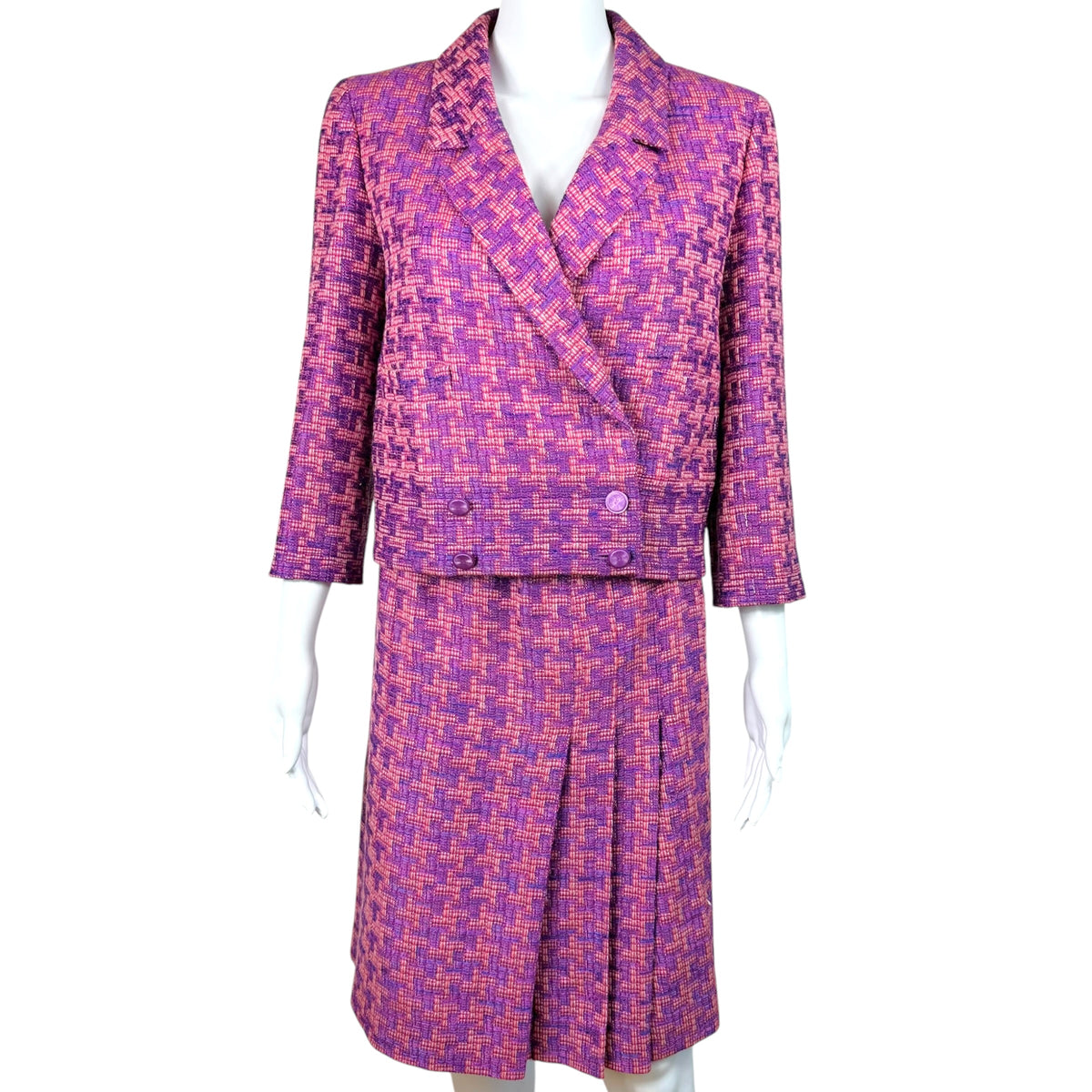 Chanel Pink Purple Houndstooth Tweed Crop Blazer Midi Skirt