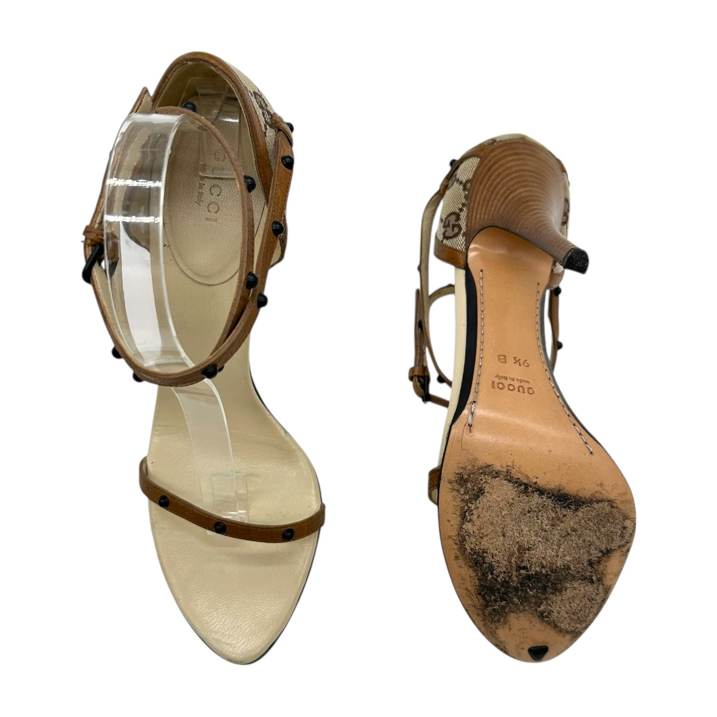 Gucci Tan Monogram and Ivory Leather Trim Studded Heels - Outfit Repeater