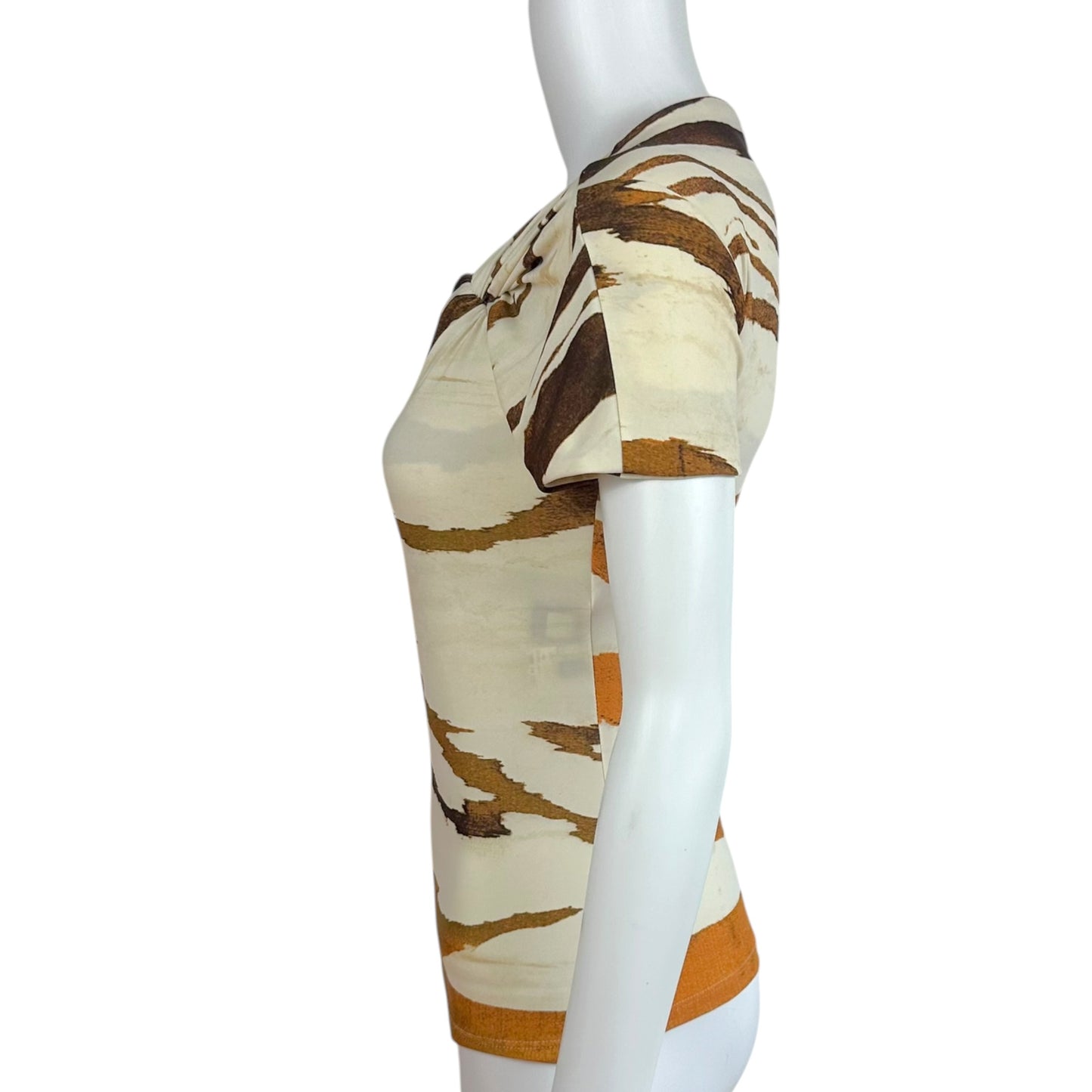 Roberto Cavalli 2008 Ivory & Brown Zebra Print Asymmetrical Neckline T-Shirt