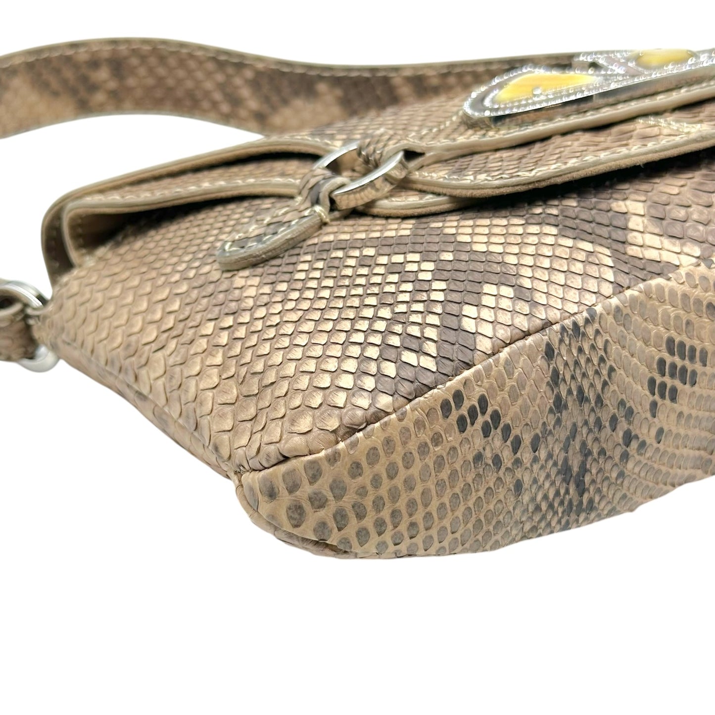 Valentino Garavani Light Brown Python & Rhinestone Mother of Pearl Embellished Shoulder Bag