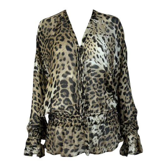 Roberto Cavalli Sheer Leopard Print Silk Ruffle Trim Blouse