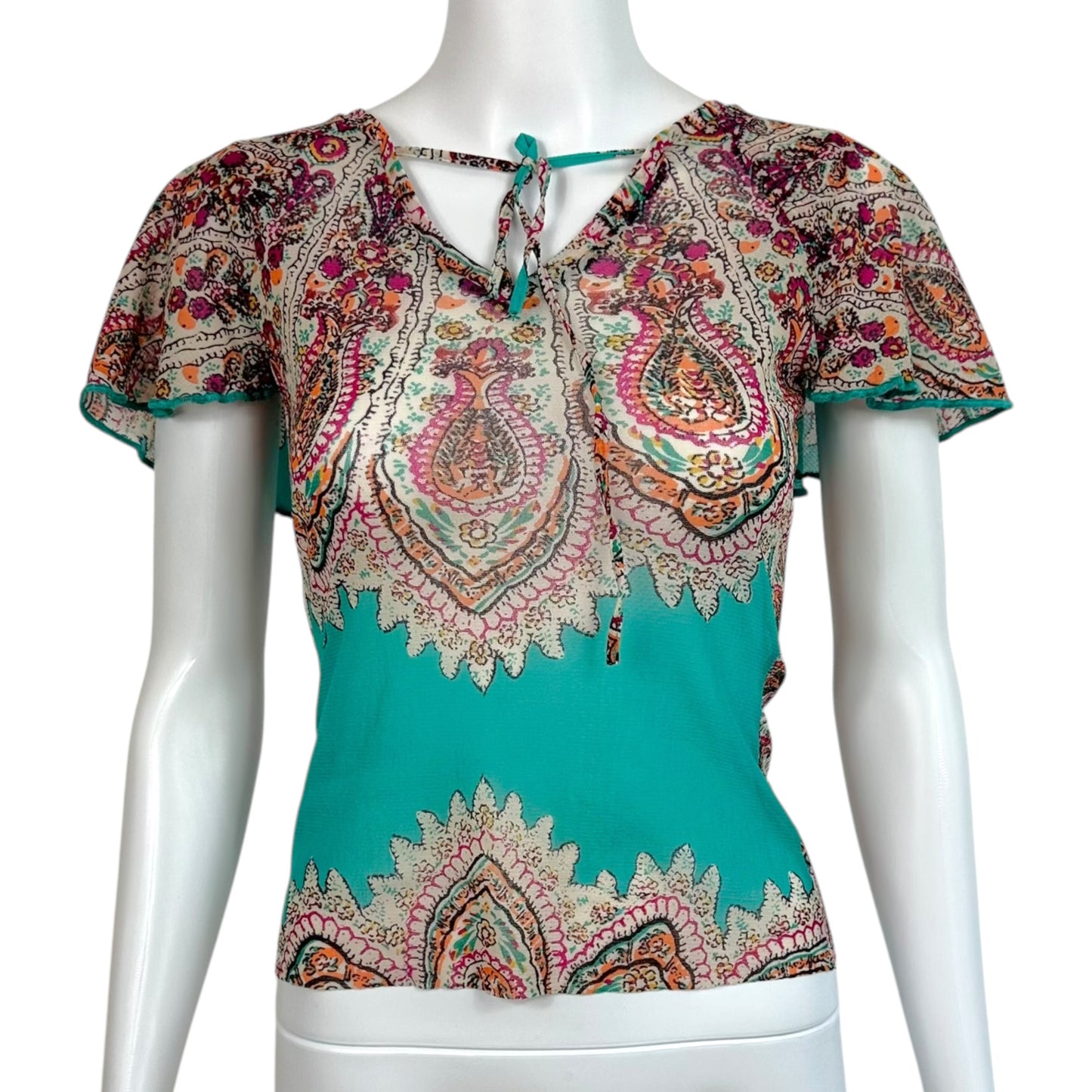 Jean Paul Gaultier Turquoise & Multicolor Paisley Mesh Ruffle Neckline Blouse