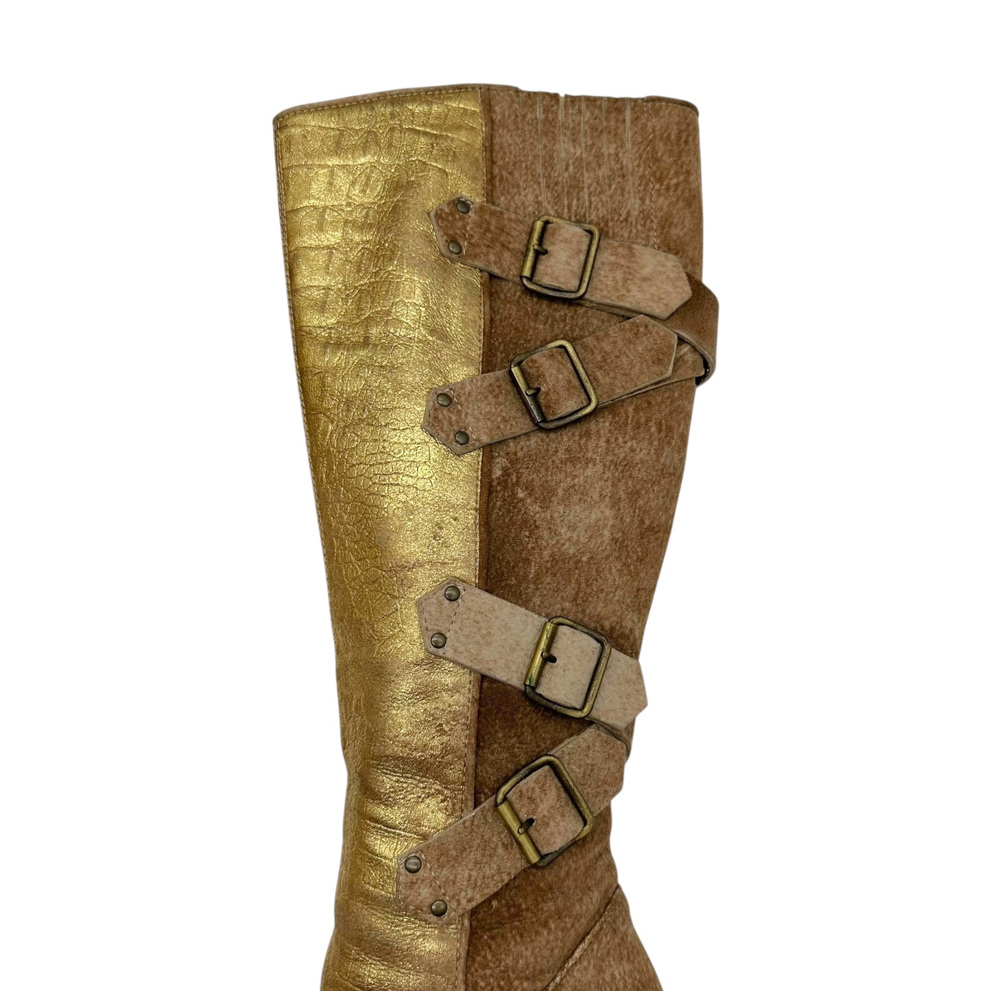 Roberto Cavalli Gold Leather Croc Embossed & Suede Heeled Boots - Outfit Repeater