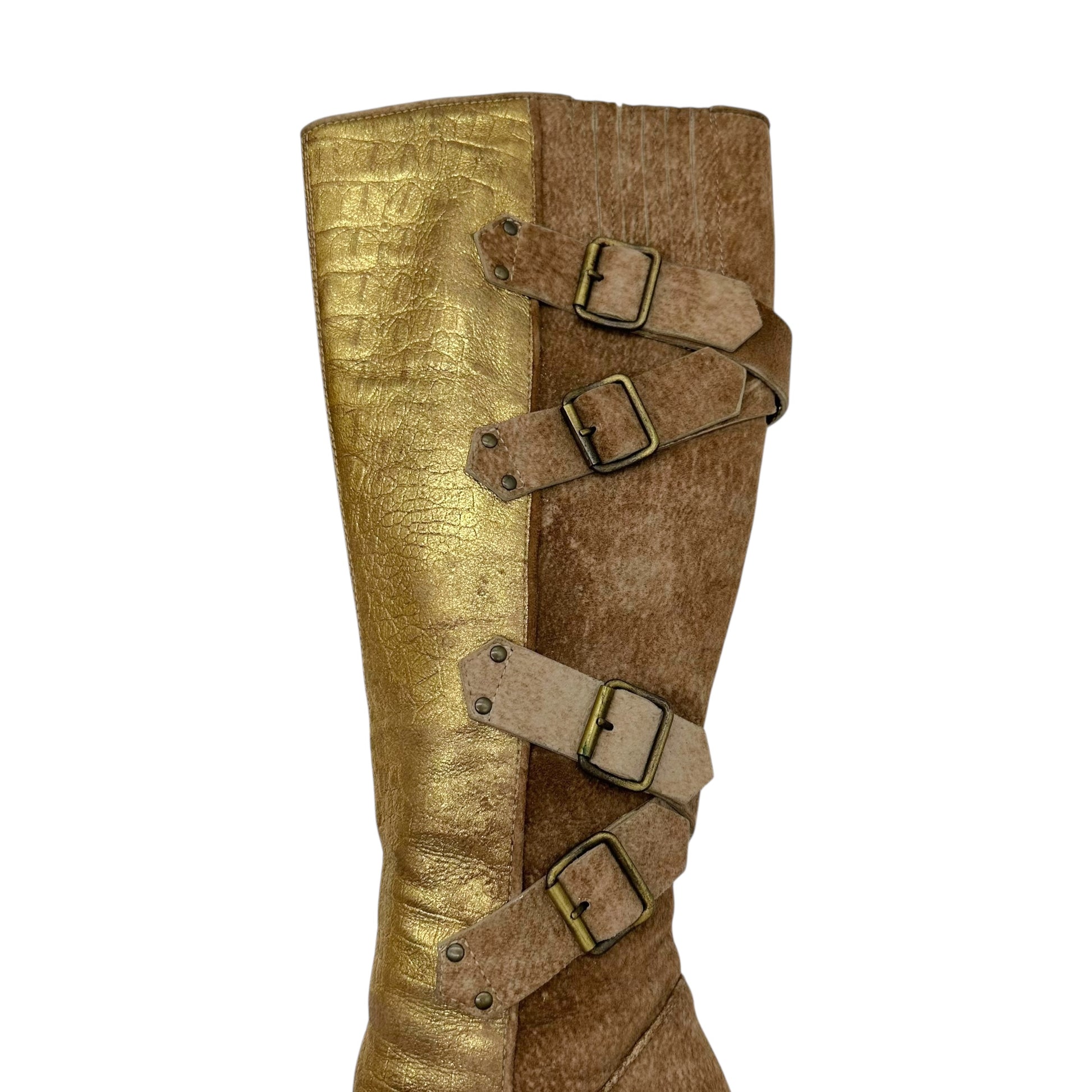 Roberto Cavalli Gold Leather Croc Embossed & Suede Heeled Boots - Outfit Repeater
