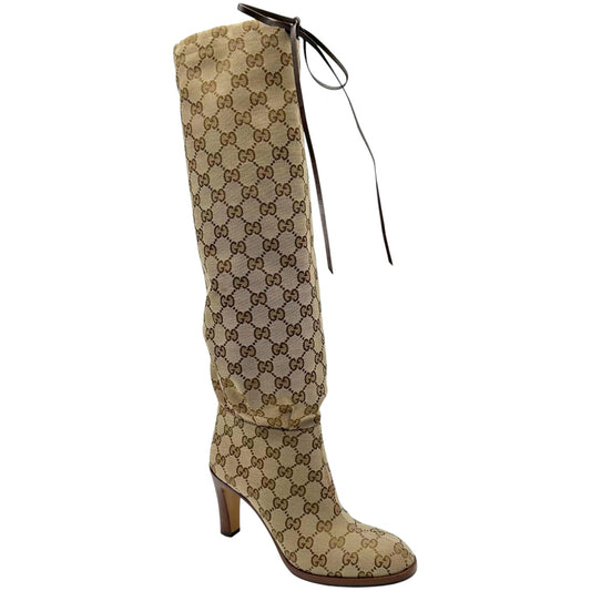 Gucci Tan Monogram Knee High Heeled Boots