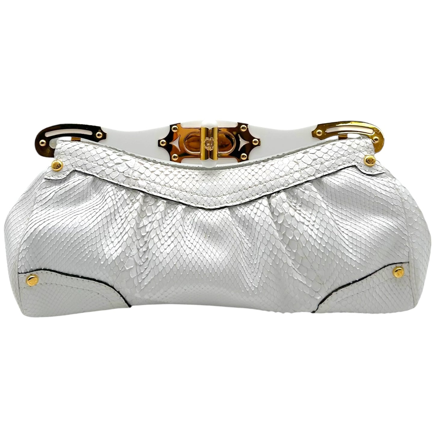 Roberto Cavalli White Python Gold Detail Clutch Bag