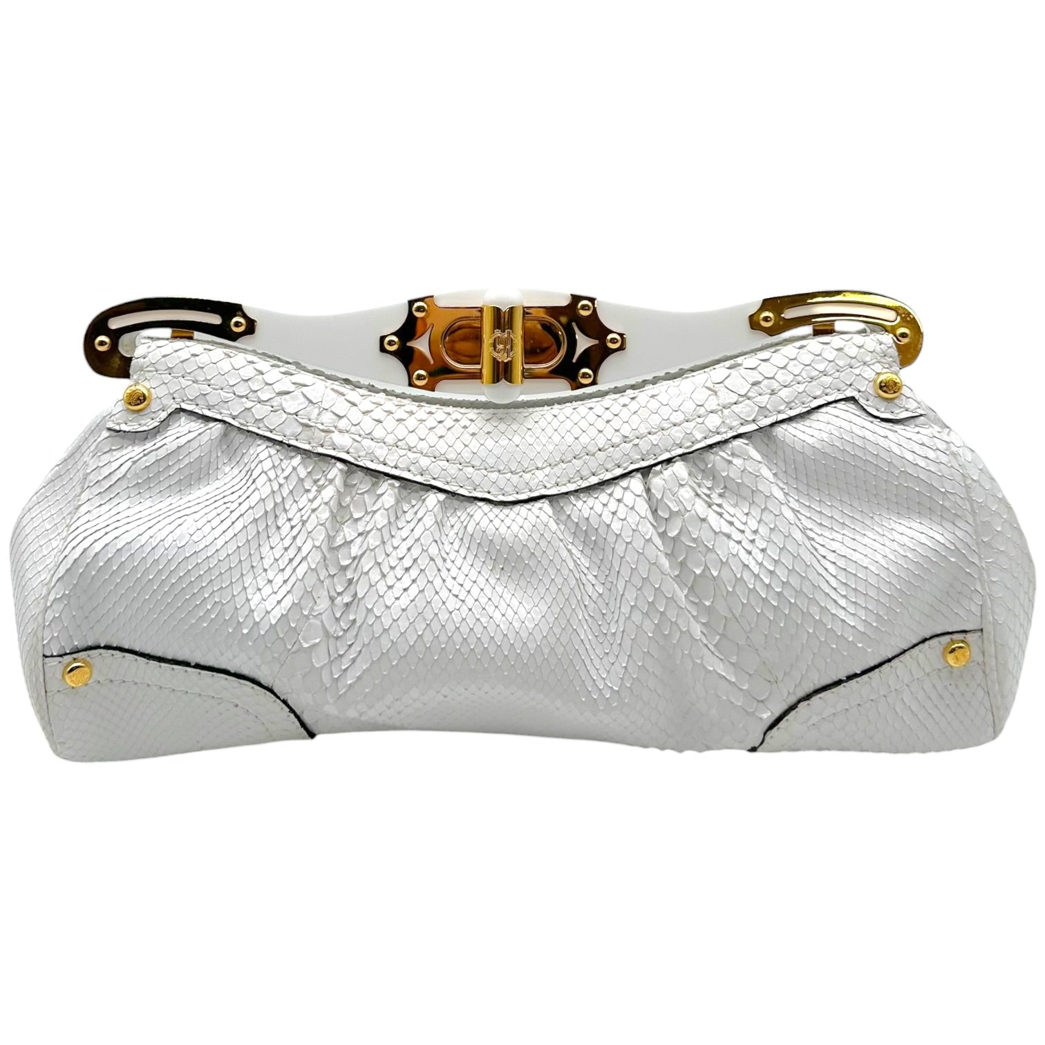 Roberto Cavalli White Python Gold Detail Clutch Bag