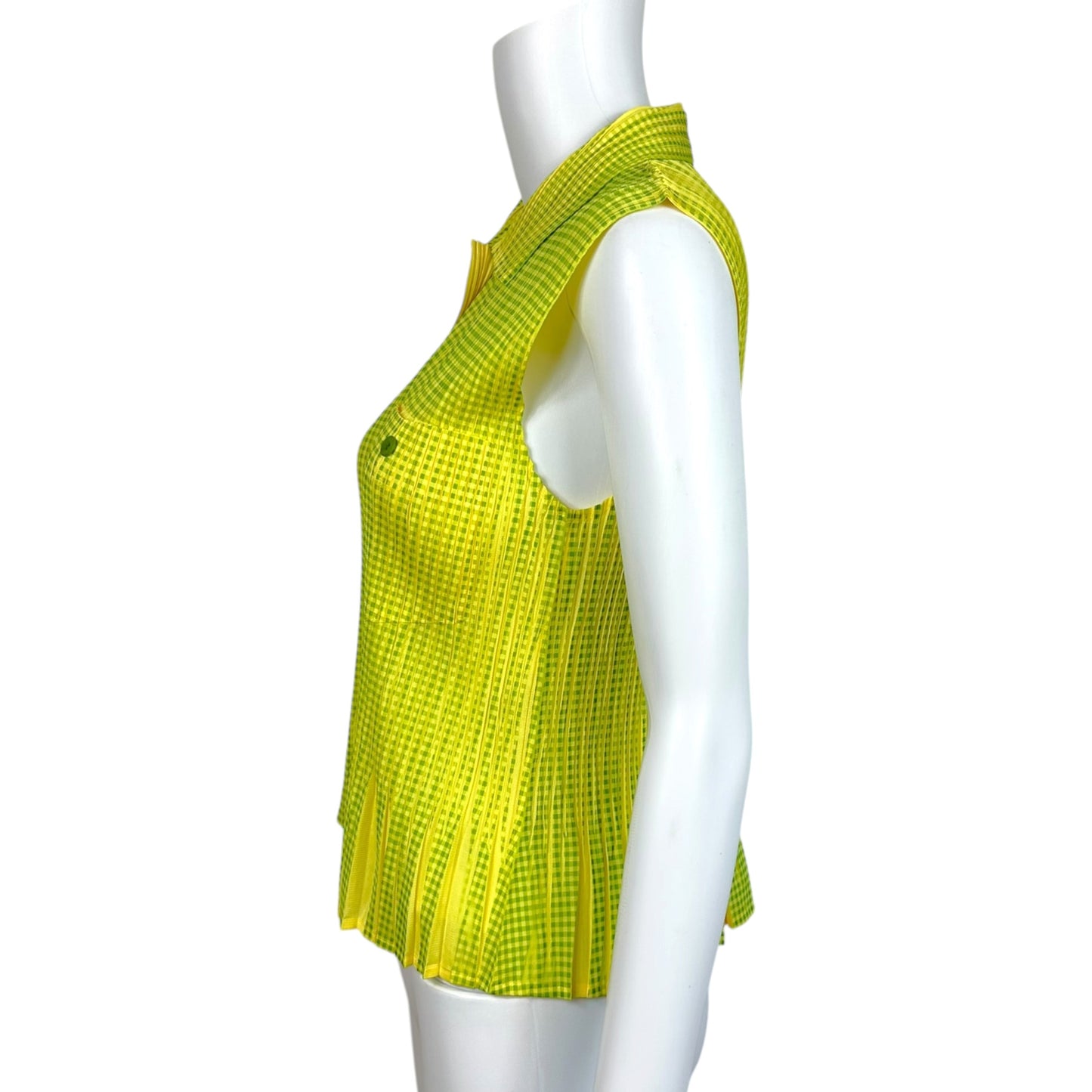 Issey Miyake Pleats Please Yellow & Green Gingham Print Pleated Button Up Sleeveless Blouse