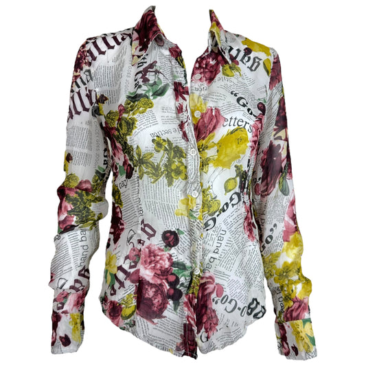 Galliano Gazette Floral News Print Silk Blouse