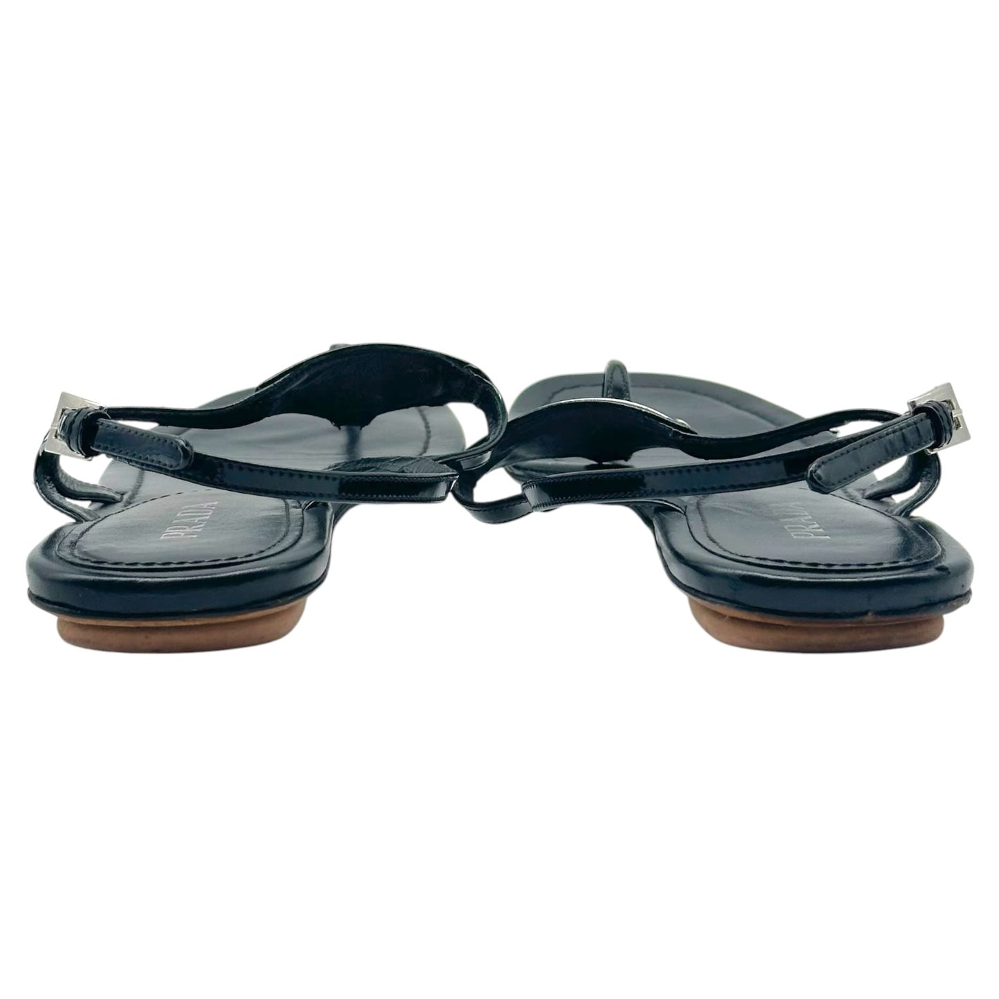 Prada Black Patent Leather & Triangle Logo Flat Thong Sandals