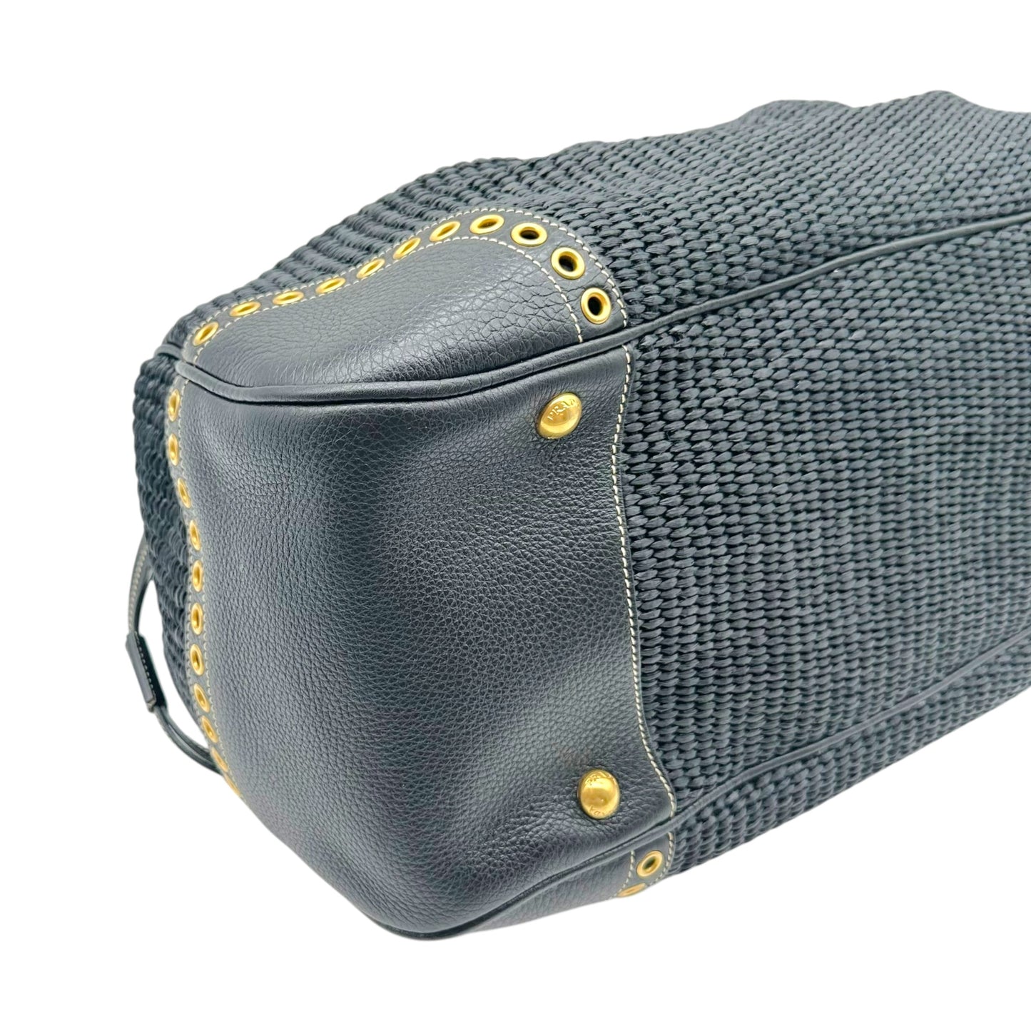 Prada Navy Blue Raffia Rivet Studded Doctors Handbag