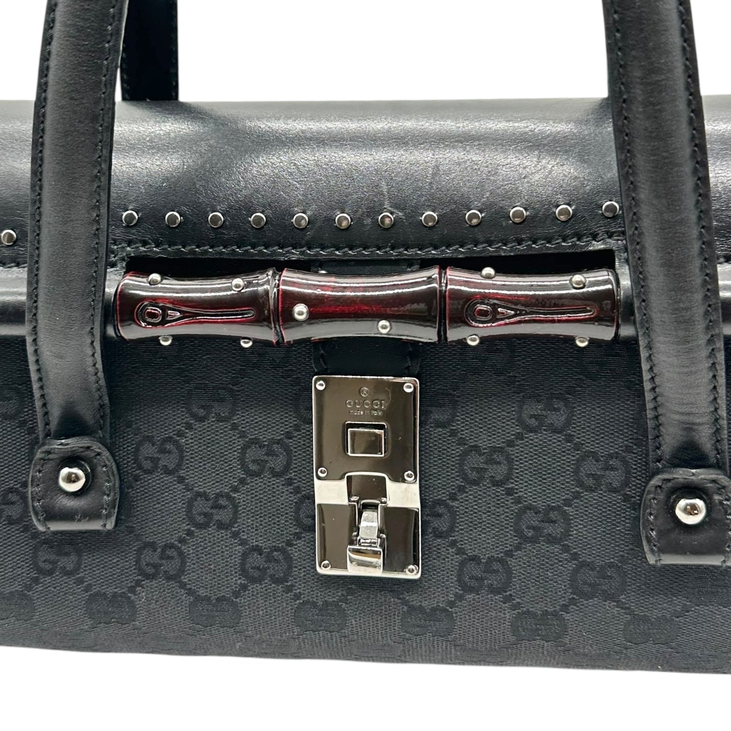 Gucci Black Monogram Studded Bamboo Bullet Bag