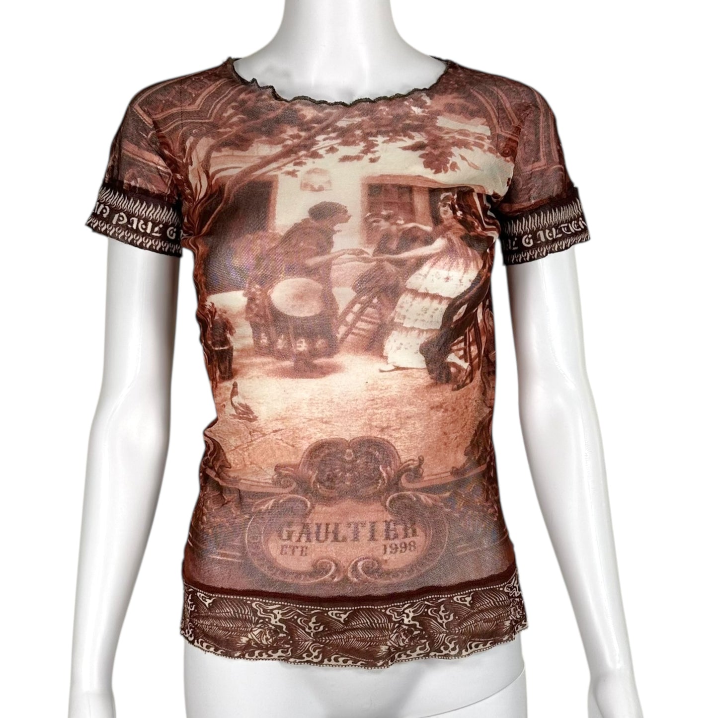Jean Paul Gaultier Burgundy Old English Print Mesh T-Shirt