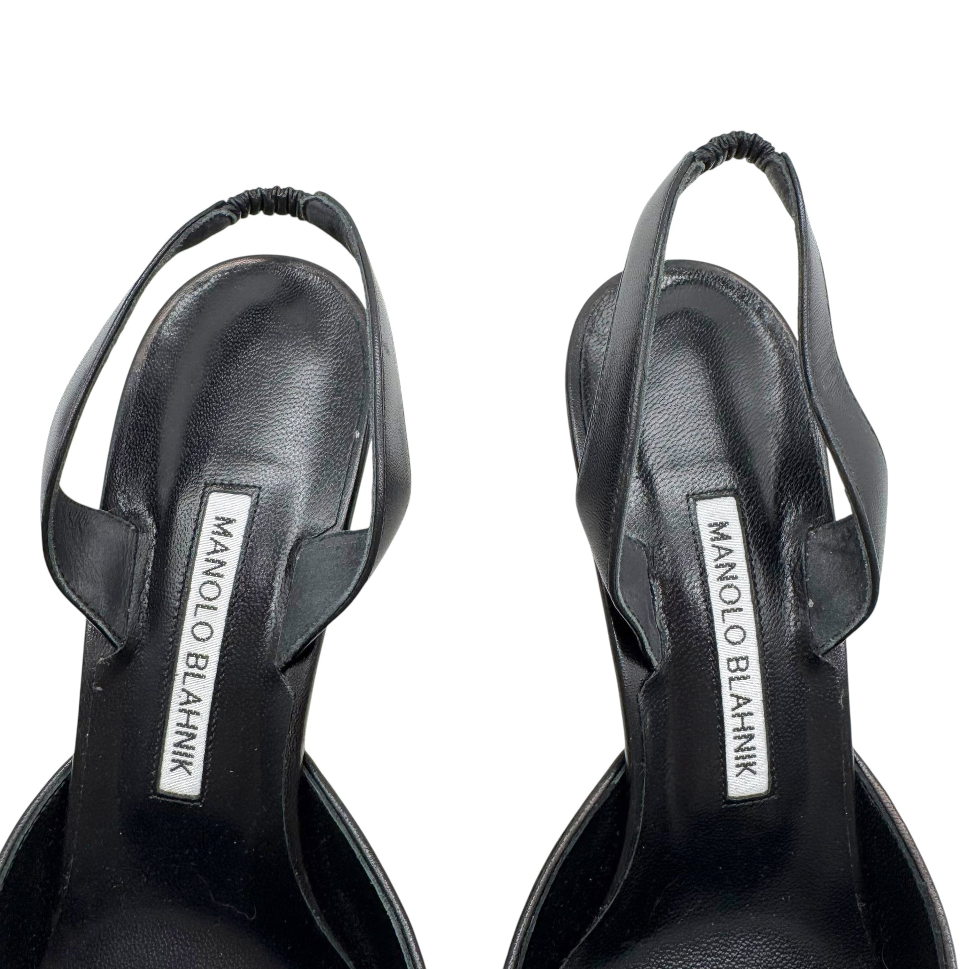 Manolo Blahnik Black & White Raffia Slingback Heels - Outfit Repeater