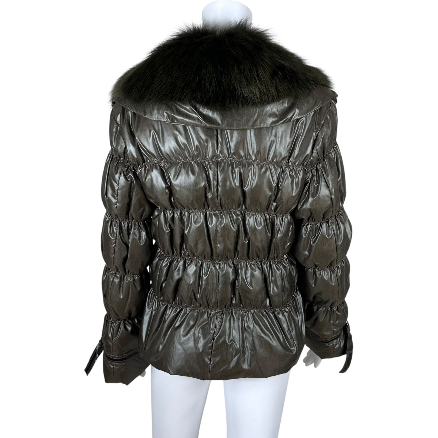 Balmain Khaki Green Fur Collared Puffer Coat