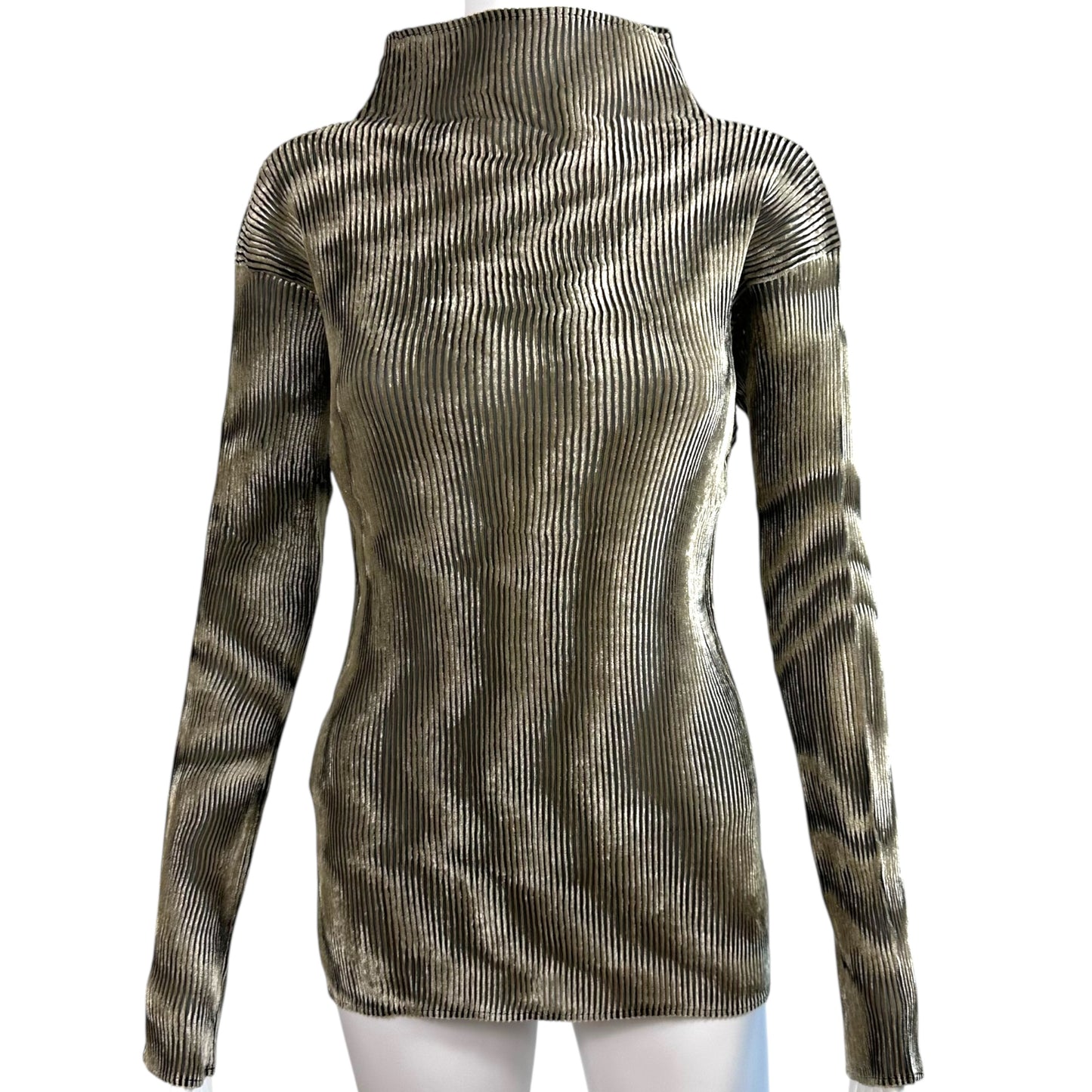Issey Miyake Gray Velvet Semi-Sheer Pleated Turtleneck Blouse