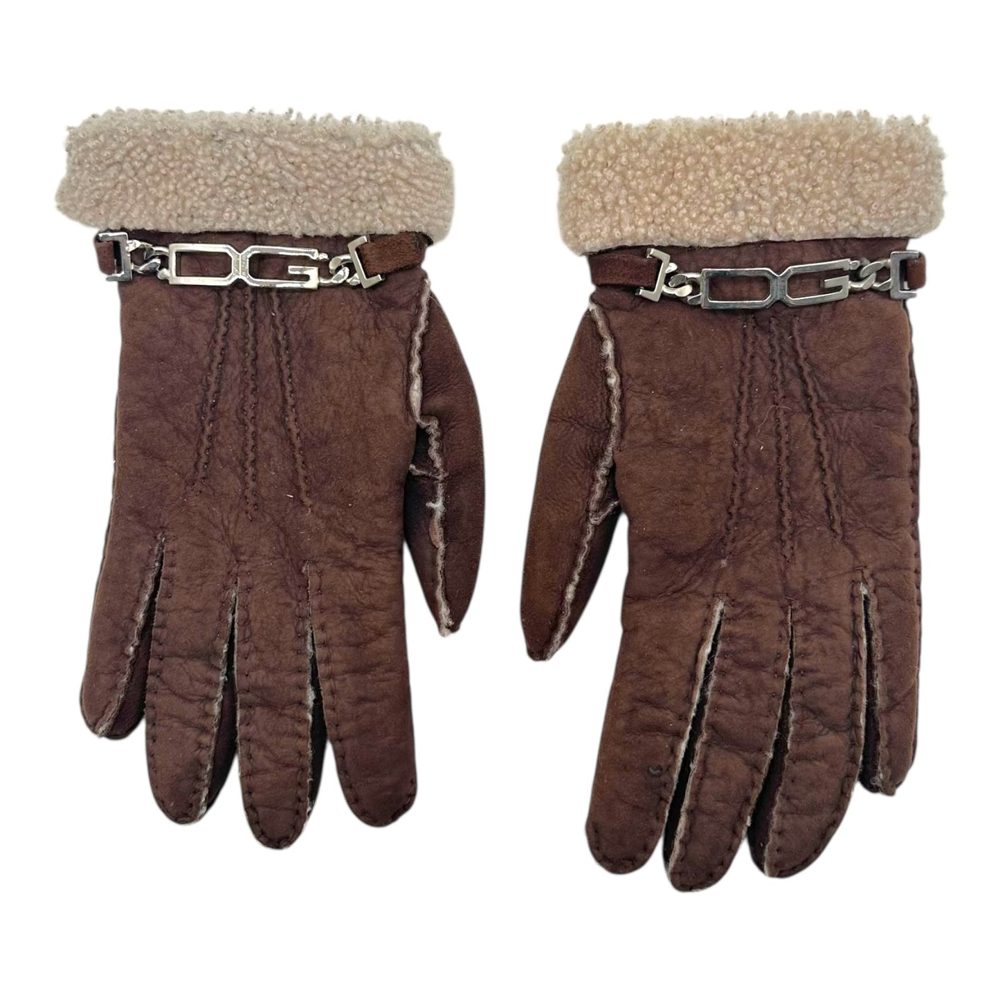 Dolce & Gabbana Brown Shearling Logo Hardware Gloves
