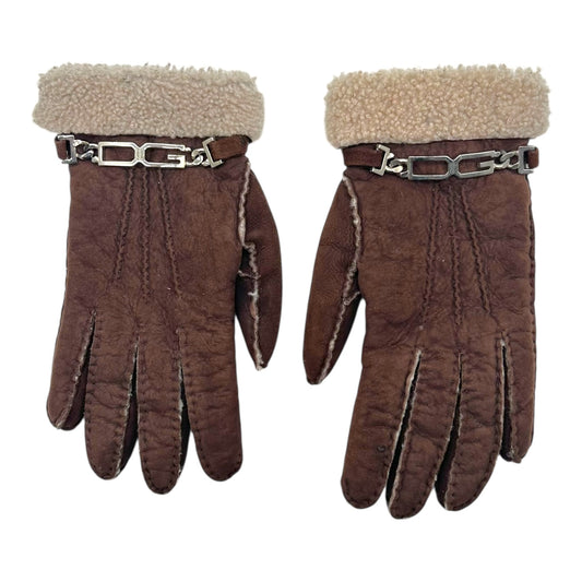 Dolce & Gabbana Brown Shearling Logo Hardware Gloves