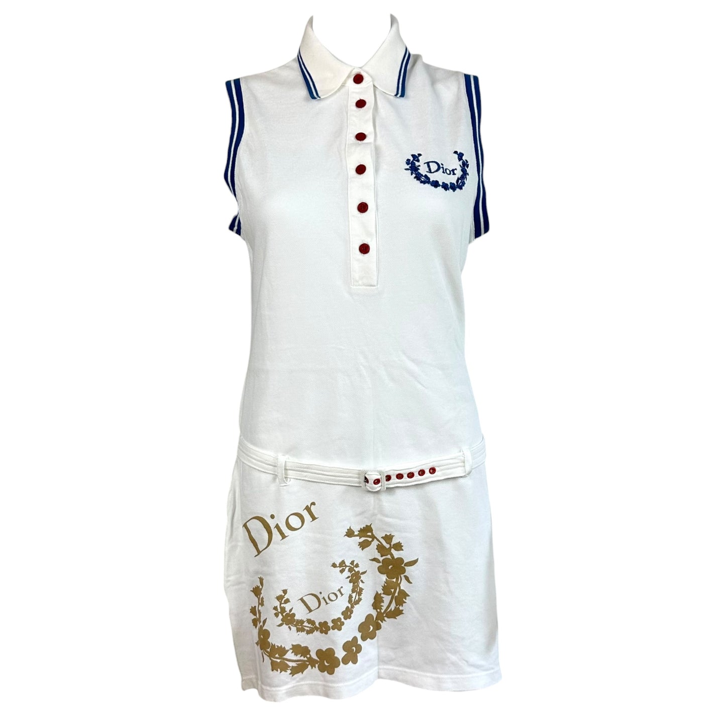 Christian Dior F/W 2004 Blue & White Embroidered Logo Polo Belted Mini Dress